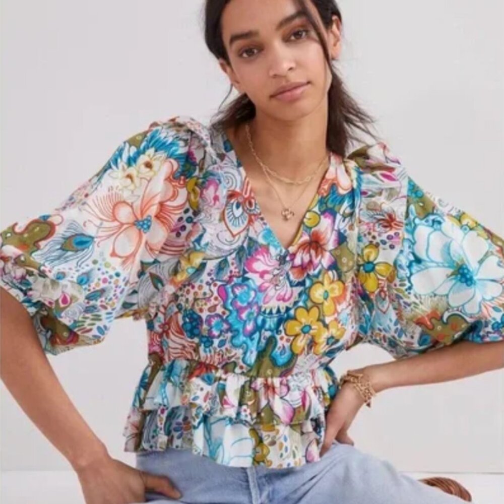 EUC Anthropologie Love the Label Women's Ruffle Reagan Blouse Size XXS